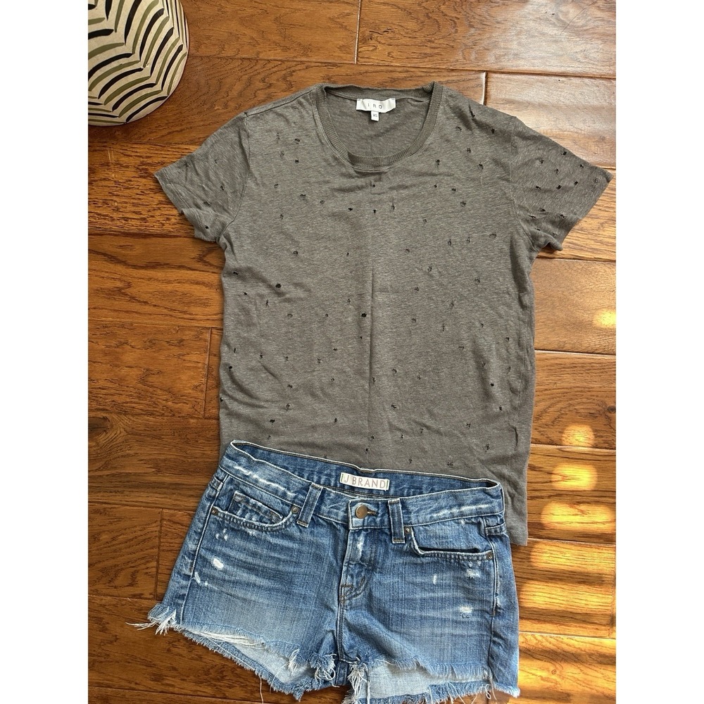 IRO Paris Clay 100% Linen Distressed Tee Shirt Holey Gray Womens Size XS